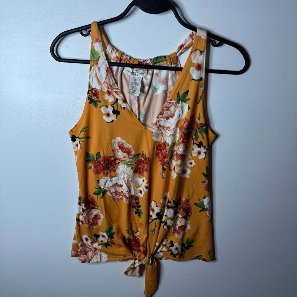 Love Spell Women's Small Mustard Floral V-Neck Sleeveless Tie-Front Tank Top